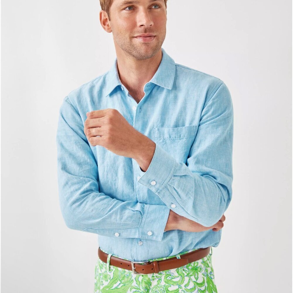 Lilly Pulitzer Men's Stuff Addison Linen Shirt Blue Blue Peri X Resort White